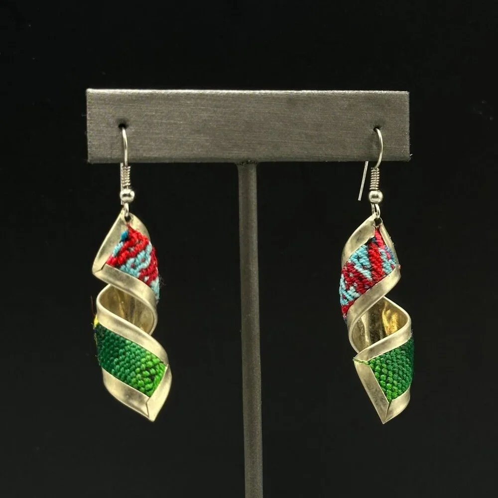 3/$30 Spiral Dangle Earrings Silver Tone Woven Textile Multicolor Artisan Boho